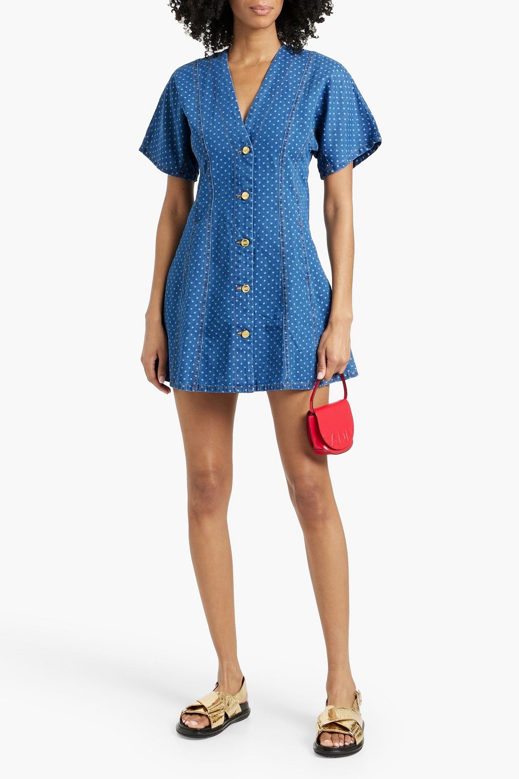 GANNI Polka-dot denim-jacquard mini dress