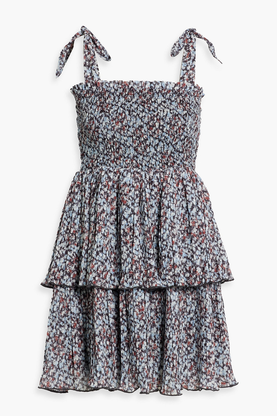 Ganni Pleated Georgette Tie-shoulder Smock Mini Dress In Multicolor