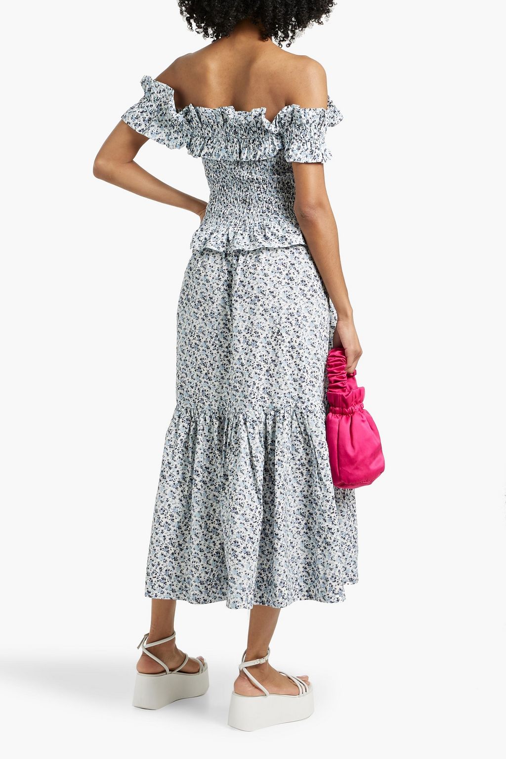 GANNI Gathered printed cotton-poplin midi skirt