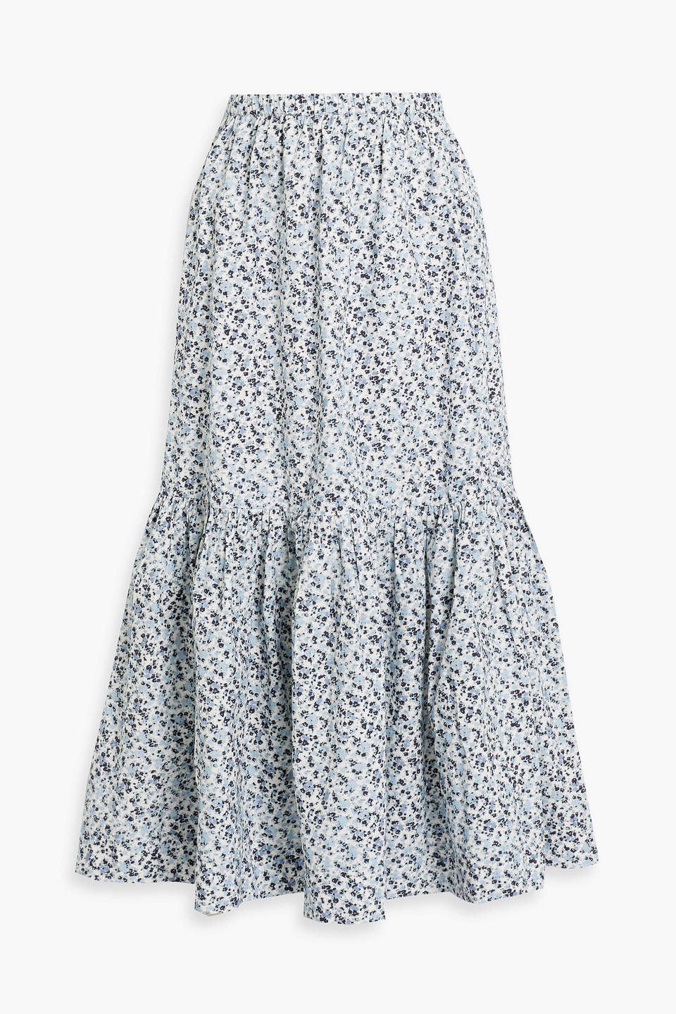 Gathered printed cotton-poplin midi skirt