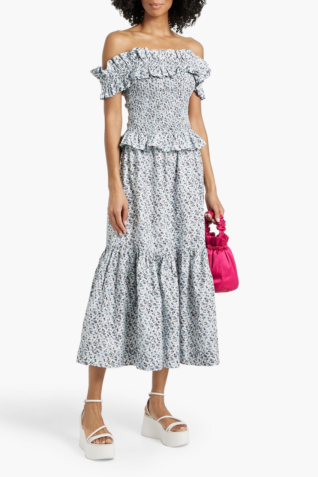 GANNI Gathered printed cotton-poplin midi skirt