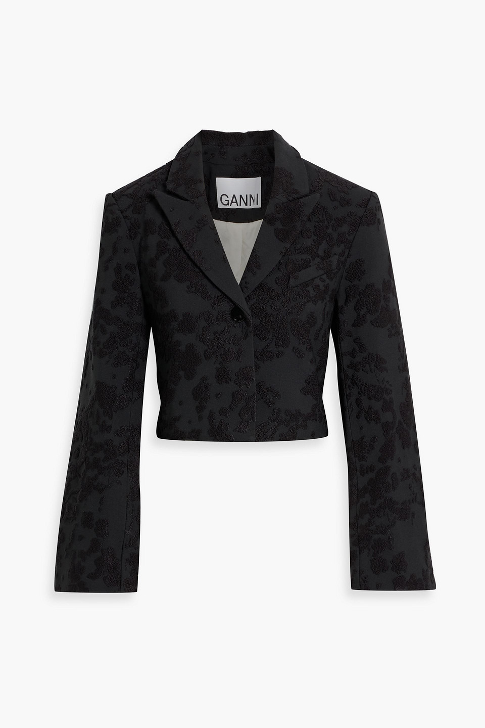 GANNI｜BLAZERS (BLACK BOUCLE JAQUARD SUITING CROPPED BLA Ganni Black Boucle Jacquard Suiting Cropped Blazer | ModeSens