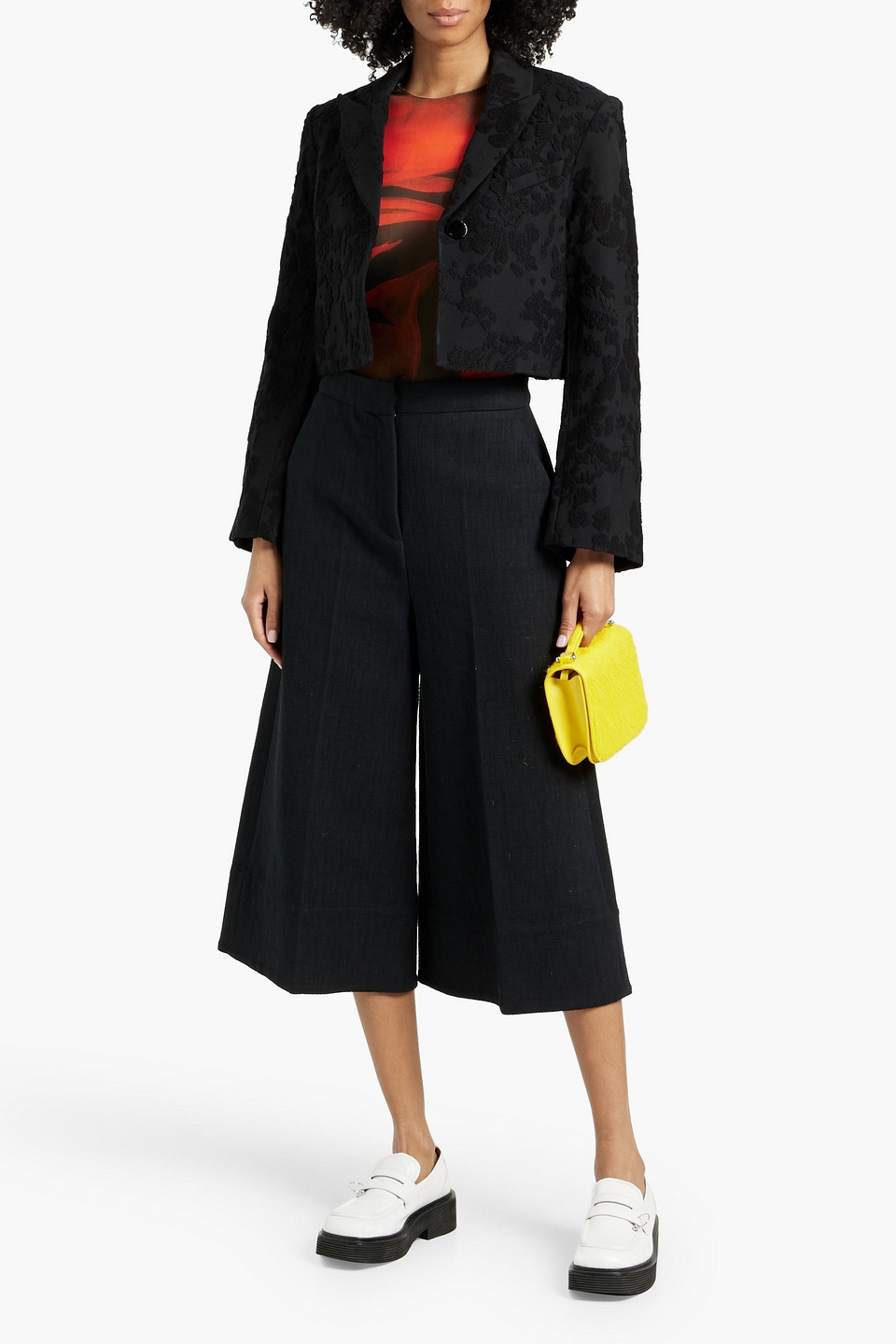 Ganni Black Boucle Jacquard Suiting Cropped Blazer | ModeSens
