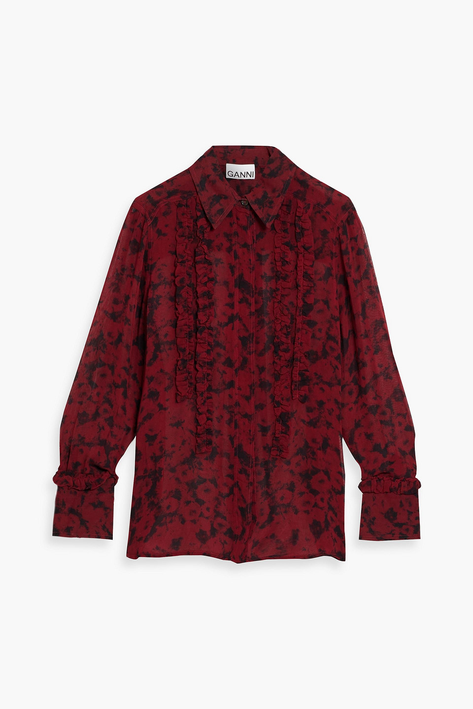 Ganni Ruffled Printed Chiffon Shirt In Brick