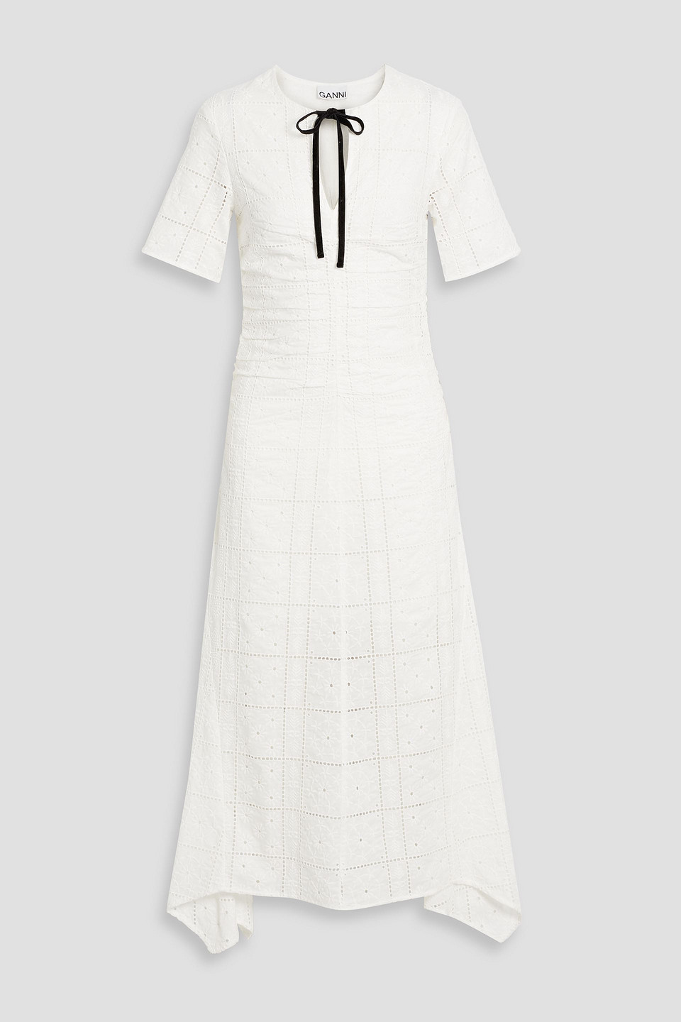 Ganni Embroidered Midi Dress In White