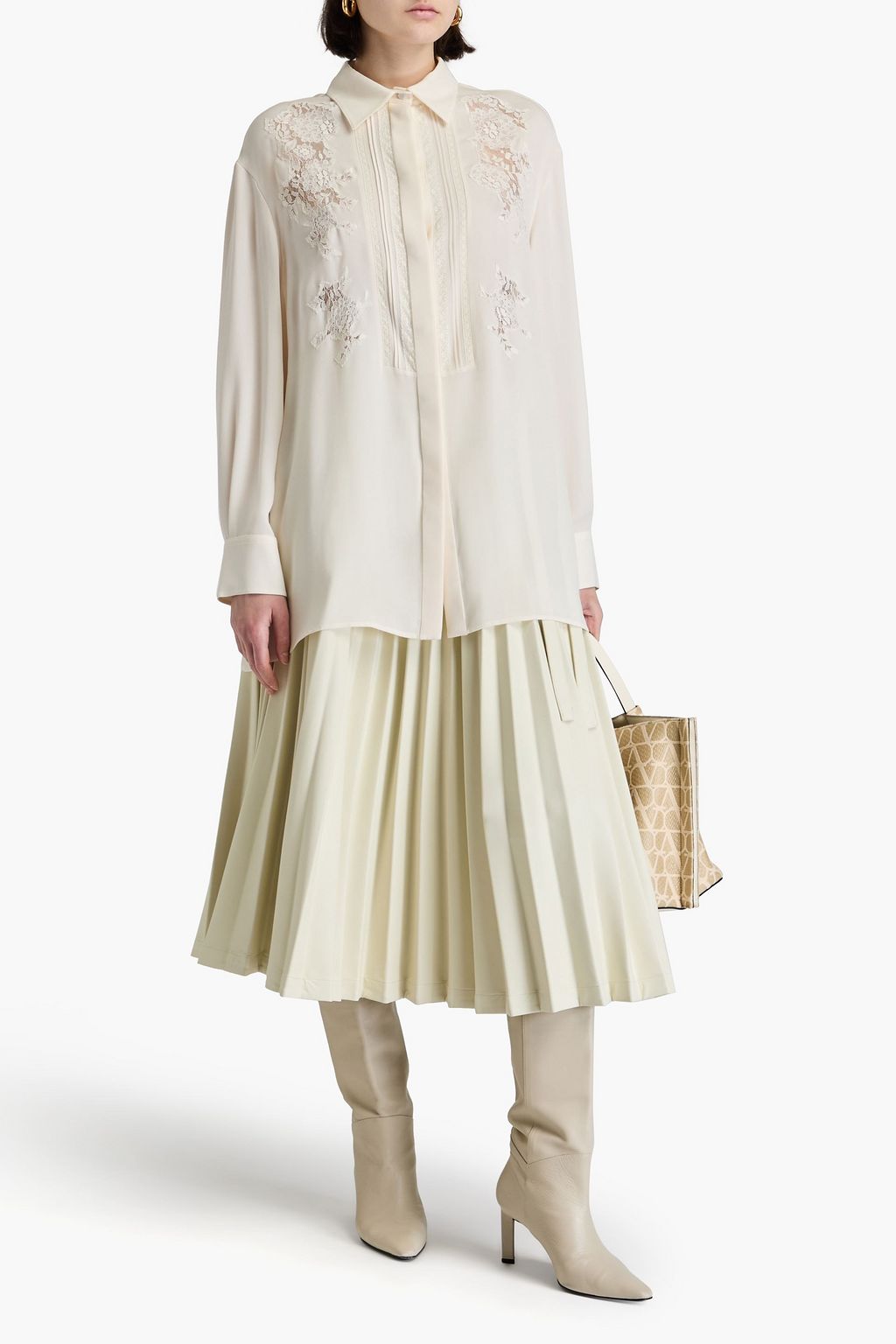 VALENTINO GARAVANI Lace-trimmed silk crepe de chine shirt