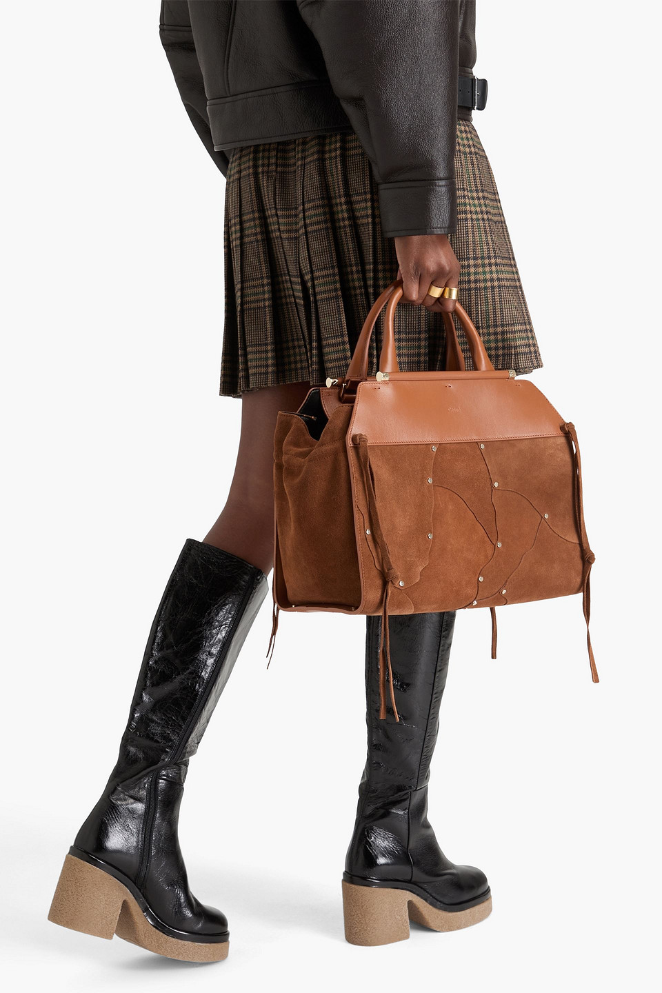 Chloé Steph Tote Bag Aus Leder Und Veloursleder Mit Nieten In Braun