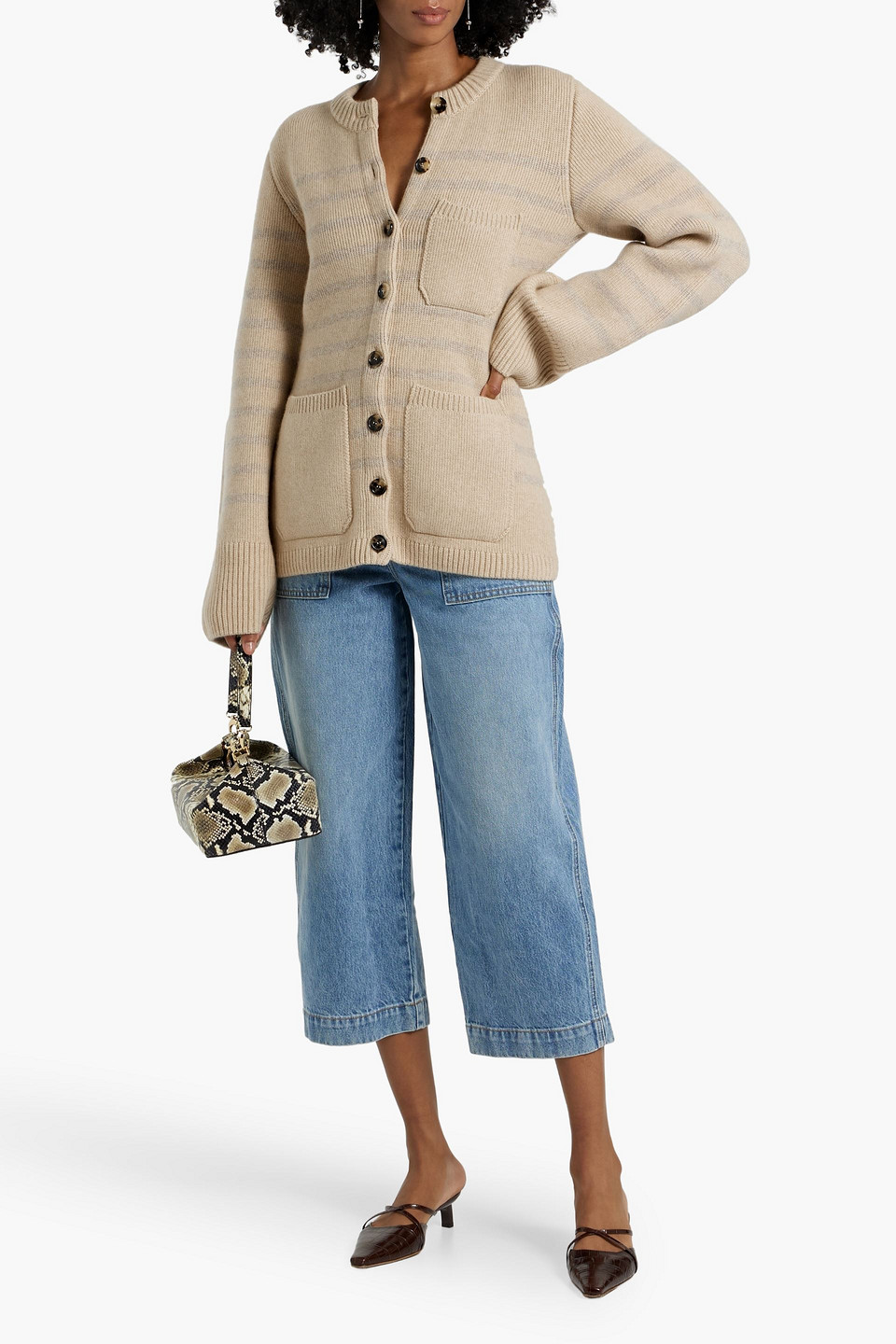 Khaite Suzette Striped Cashmere-blend Cardigan In Beige