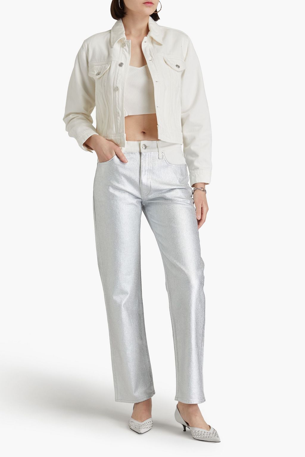 RAG & BONE بنطلون جينز هارلو بأرجل مستقيمة وخصر مرتفع مطلي بلون ميتاليك