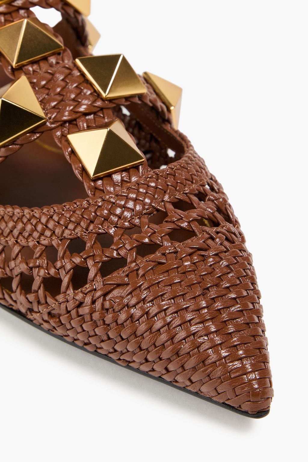 VALENTINO GARAVANI Roman Stud 編み込みレザー ポインテッドトゥ フラットシューズ