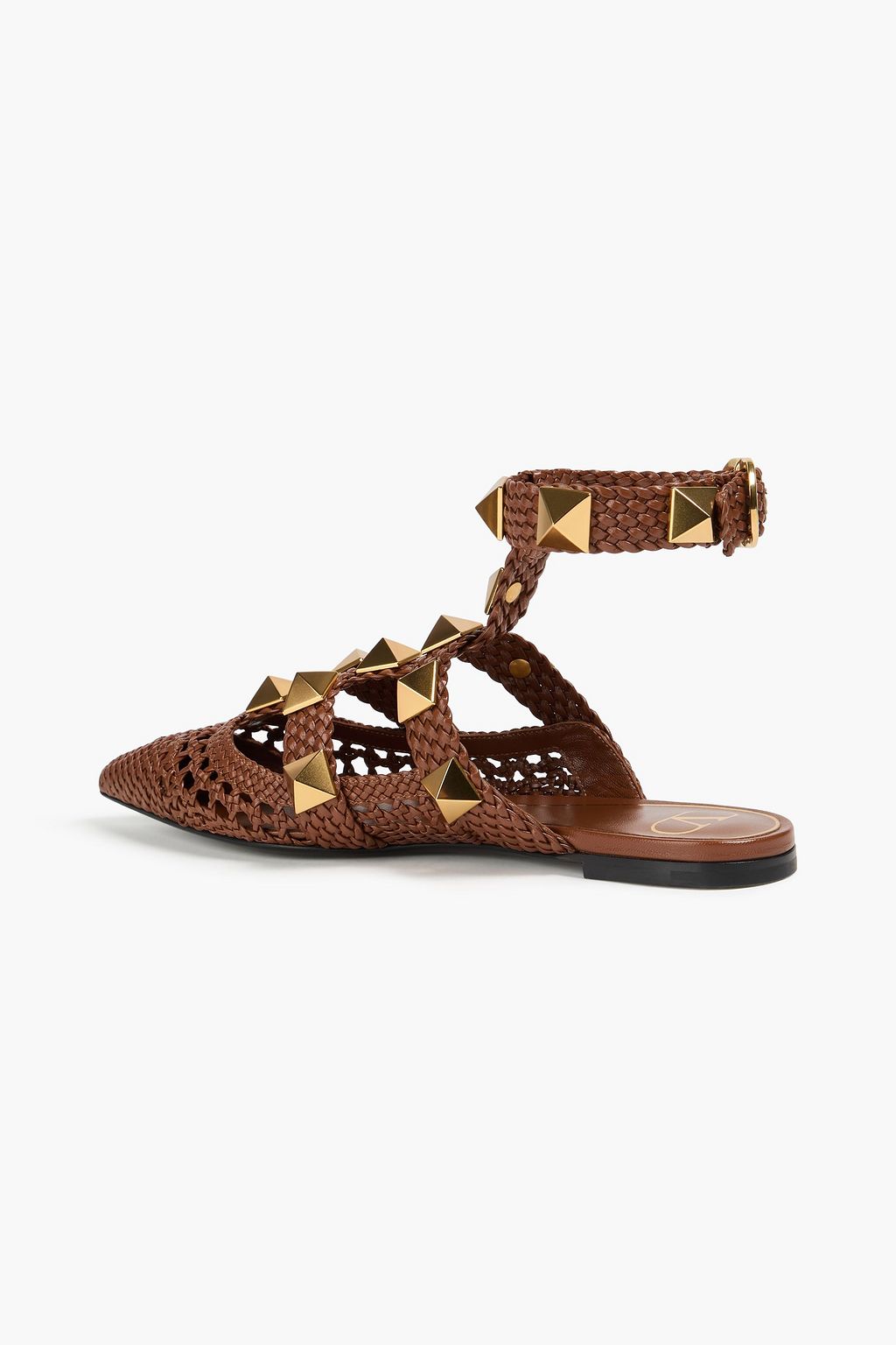 VALENTINO GARAVANI Roman Stud 編み込みレザー ポインテッドトゥ フラットシューズ