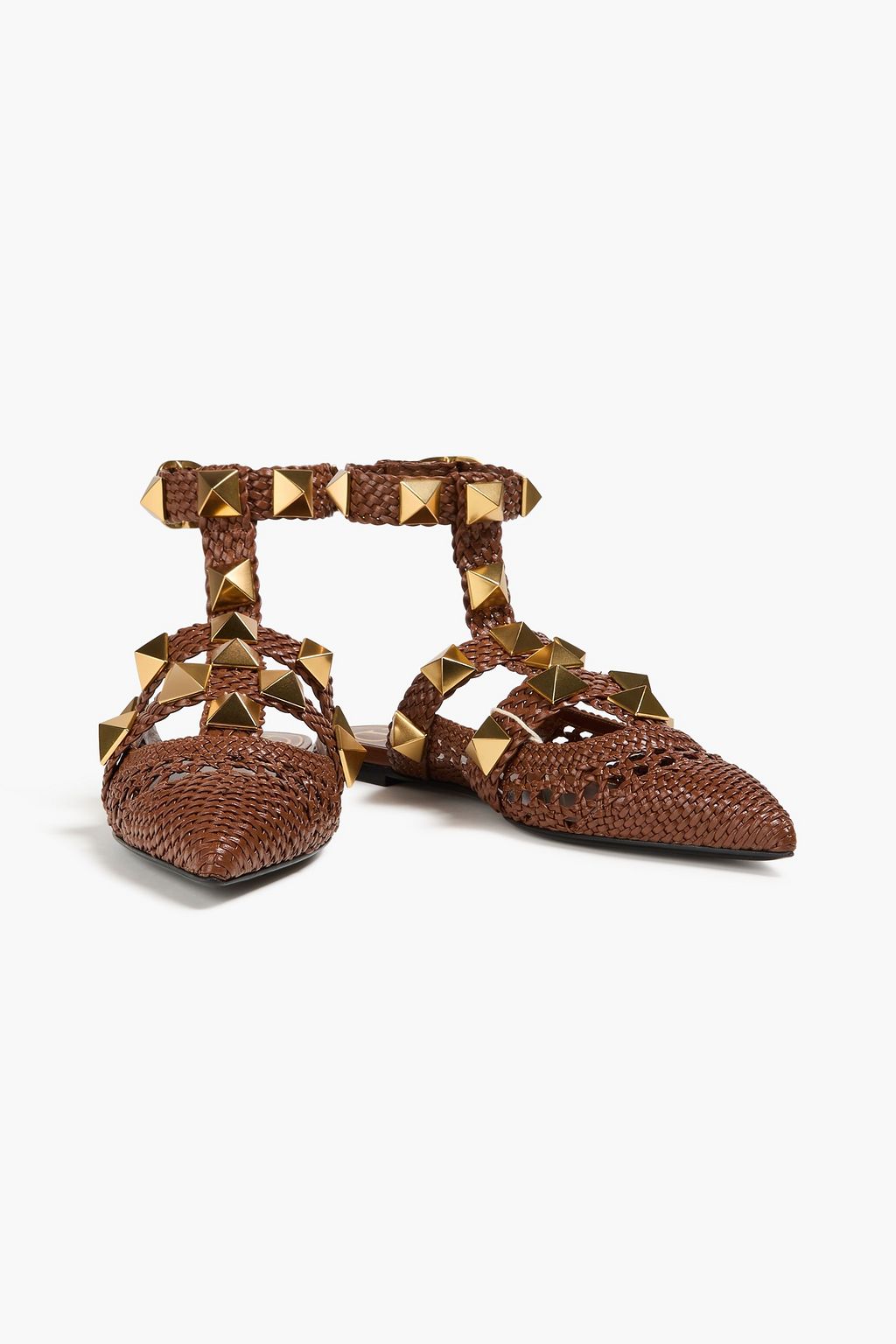 VALENTINO GARAVANI Roman Stud 編み込みレザー ポインテッドトゥ フラットシューズ