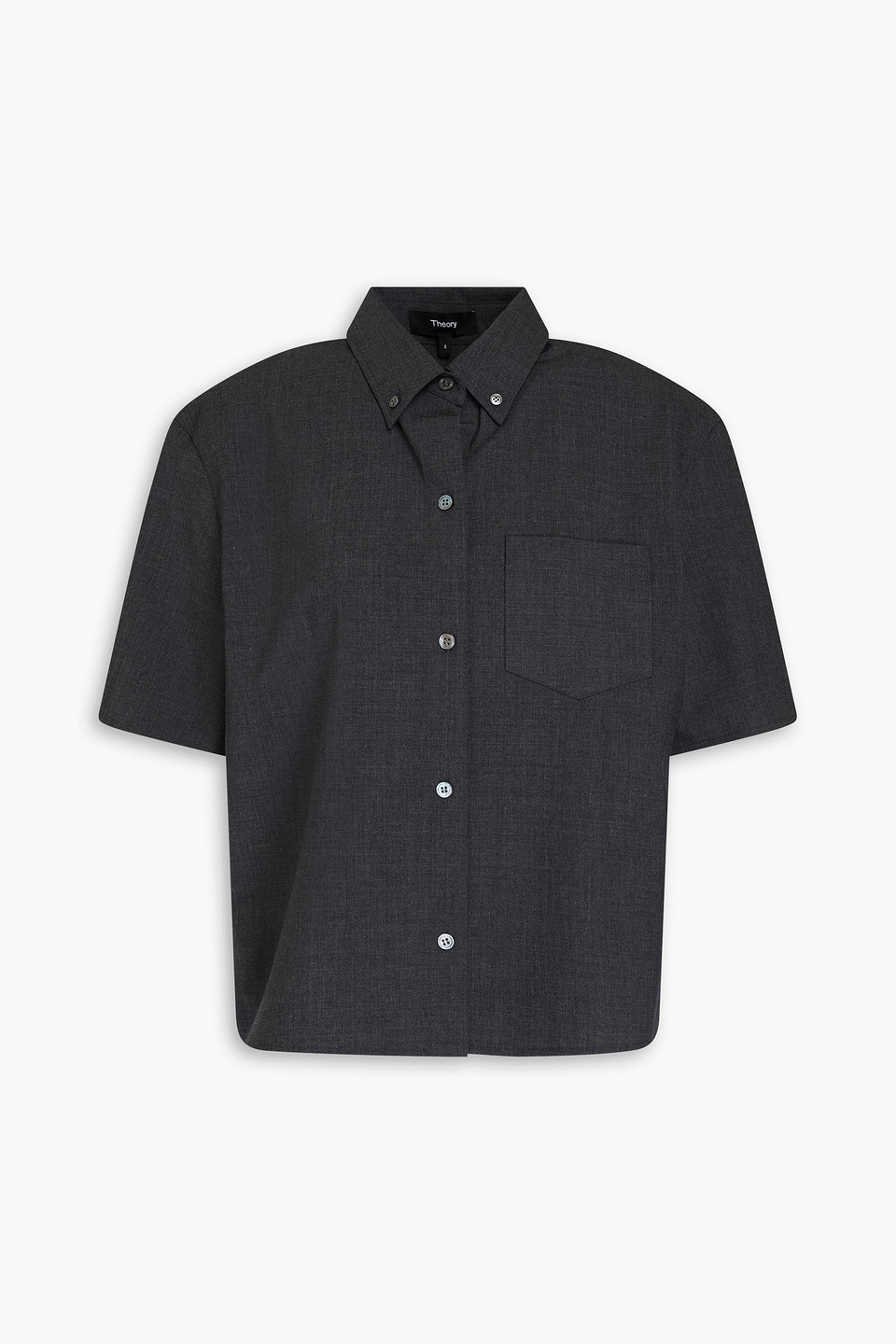 Theory Cropped Short-sleeve Shirt In Good Wool In Charcoal Melange