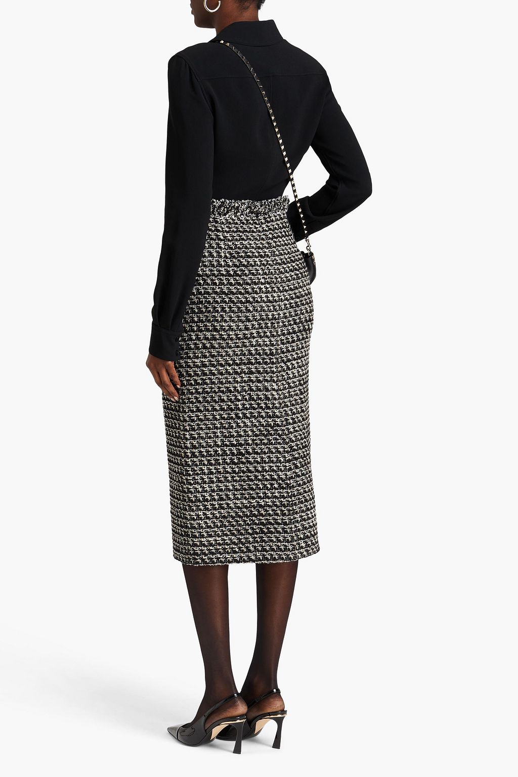 VALENTINO GARAVANI Metallic embellished wool-blend tweed midi pencil skirt
