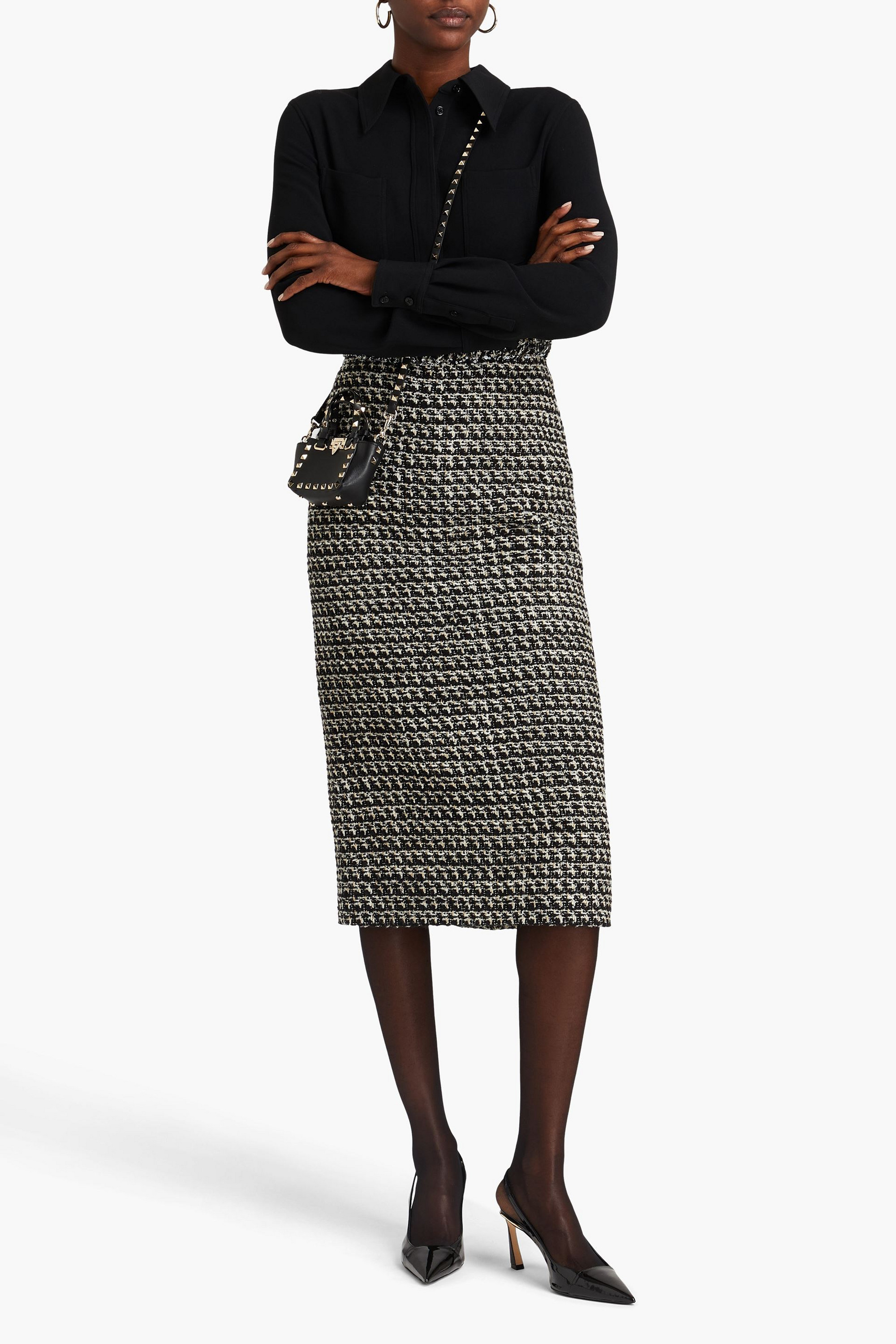 Valentino Garavani Embellished metallic wool-blend tweed midi pencil skirt