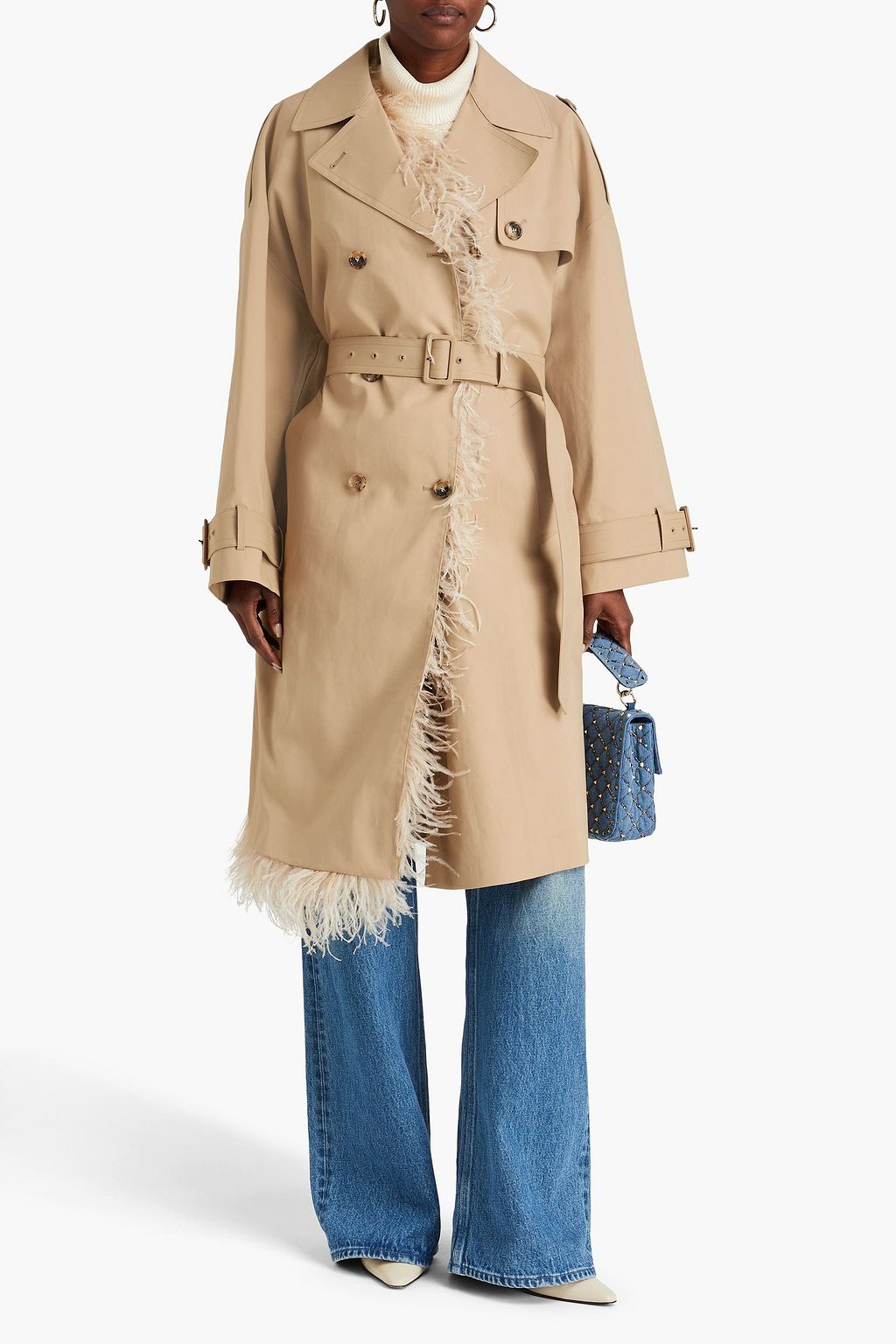VALENTINO GARAVANI Feather-trimmed cotton-poplin trench coat