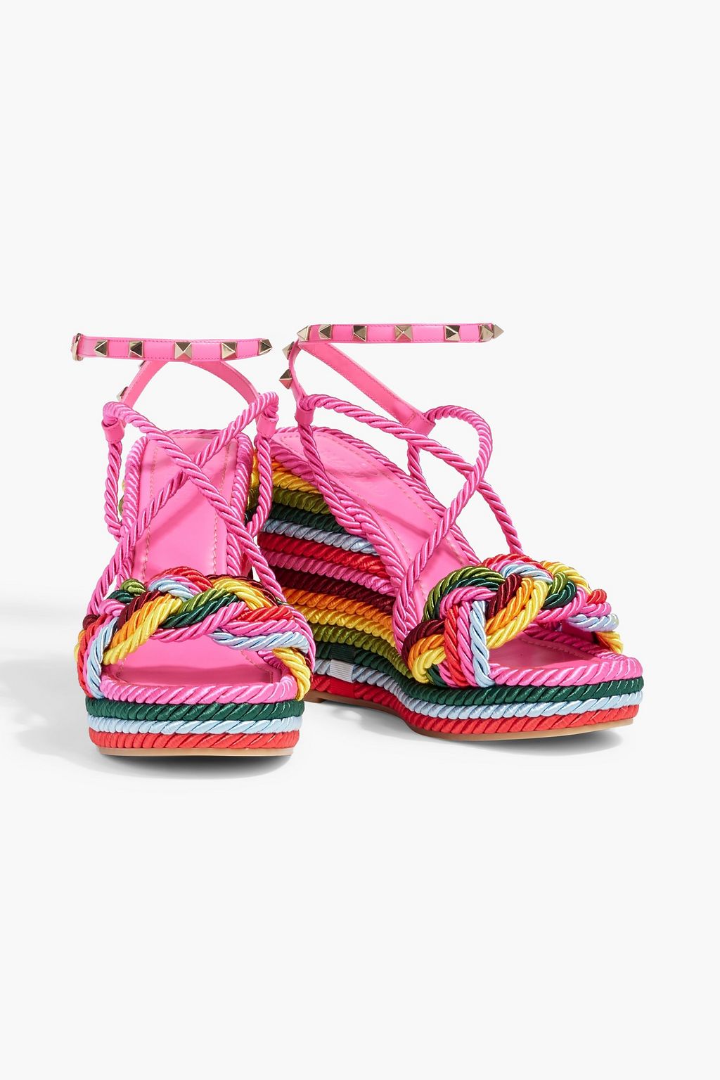 VALENTINO GARAVANI Rockstud leather-trimmed cord wedge sandals
