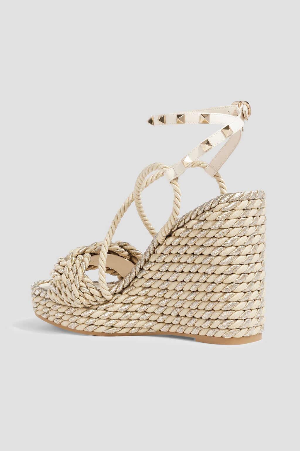 VALENTINO GARAVANI Rockstud leather-trimmed cord wedge sandals