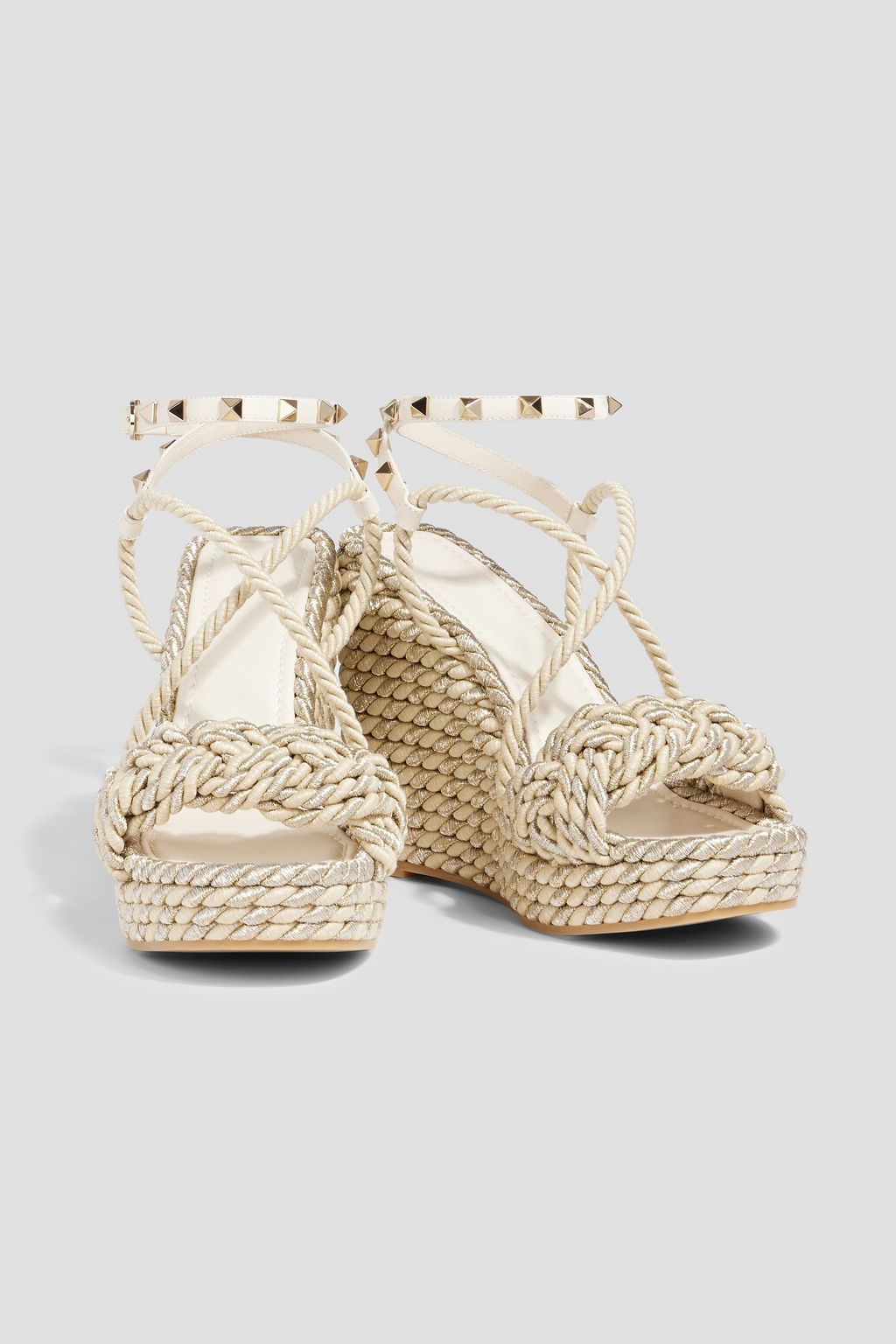 VALENTINO GARAVANI Rockstud leather-trimmed cord wedge sandals