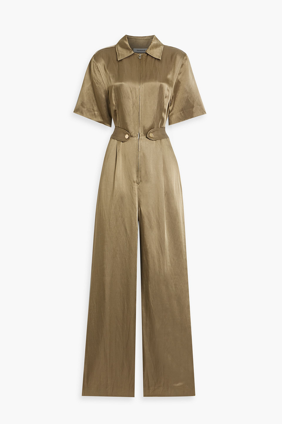 Sandro Belted Satin Jumpsuit In Army Green