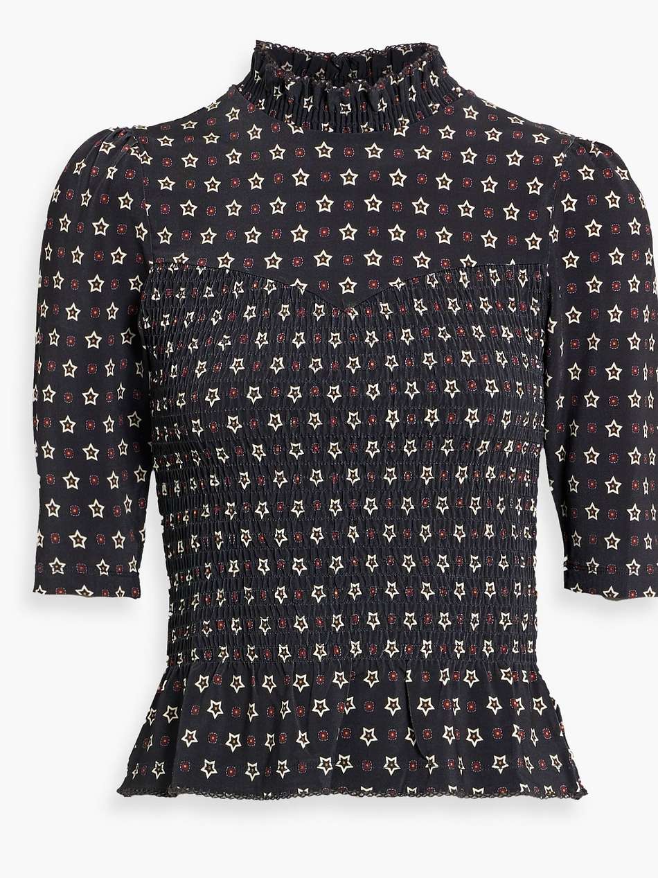 shirred printed crepe turtleneck top