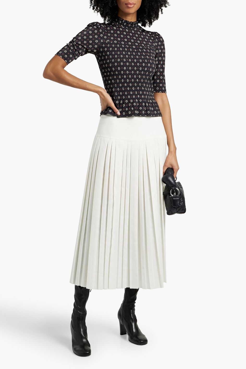 SANDRO Shirred printed crepe turtleneck top