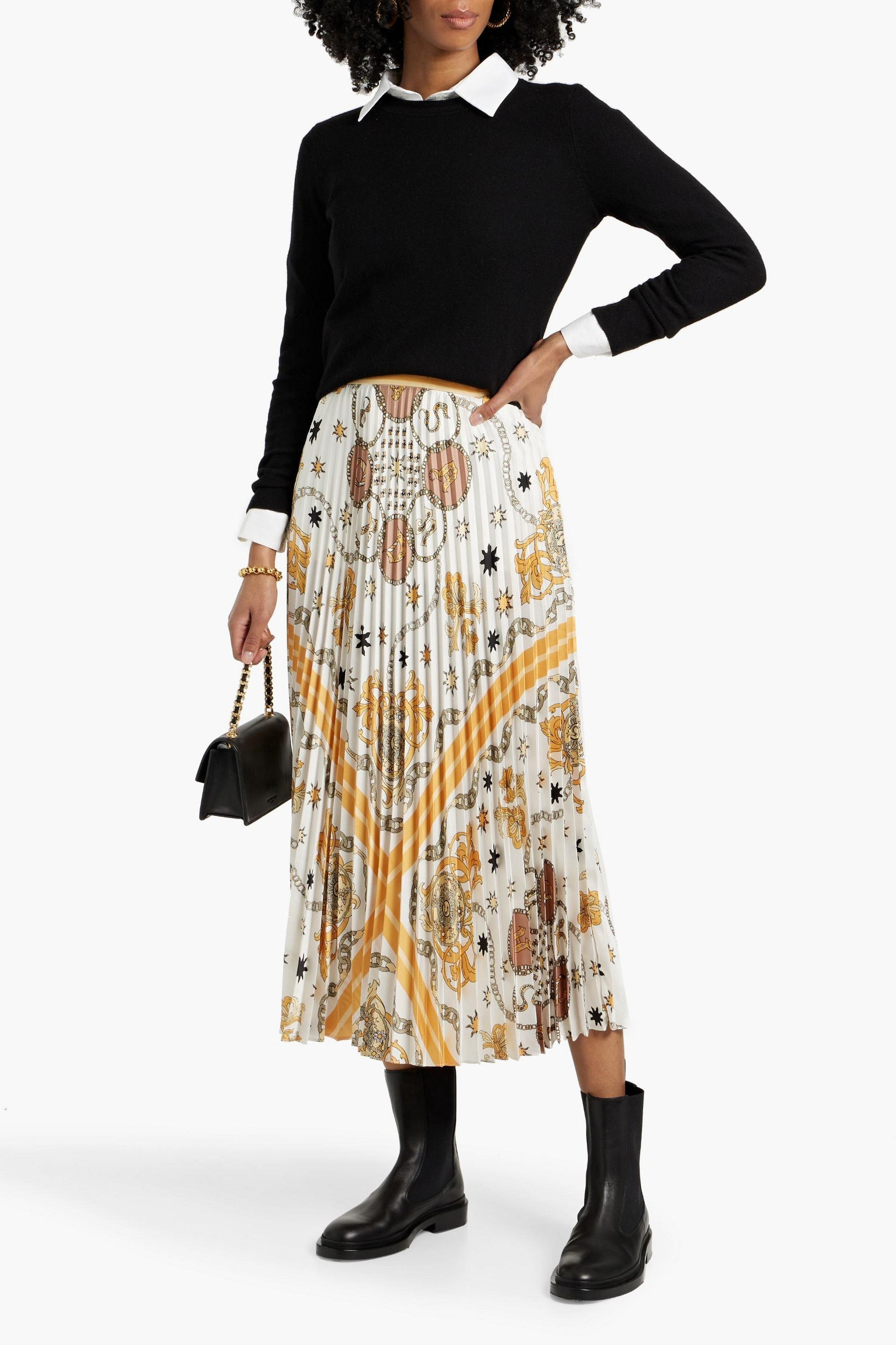 SANDRO Pleated printed twill midi skirt