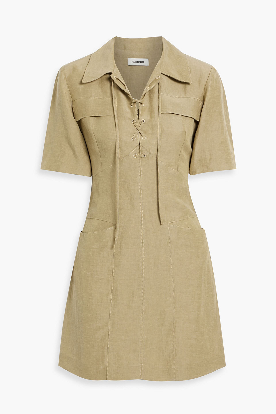 Sandro Lace-up Woven Mini Shirt Dress In Sage Green