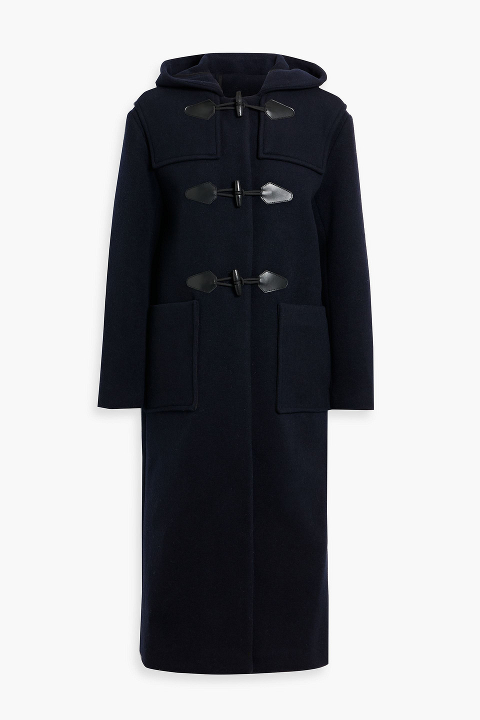 Sandro Leather-trimmed Wool-blend Hooded Coat In Navy
