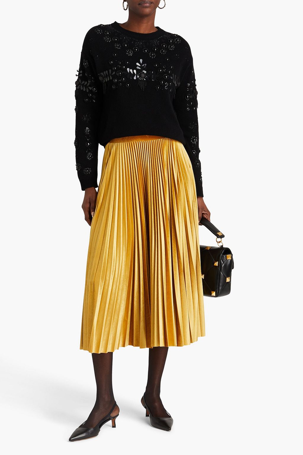 VALENTINO GARAVANI Pleated stretch-velvet midi skirt