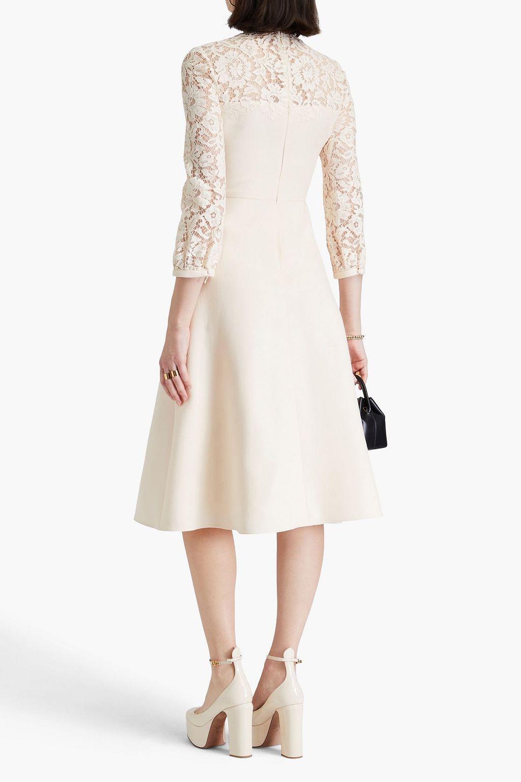 VALENTINO GARAVANI Lace-paneled wool and silk-blend crepe midi dress