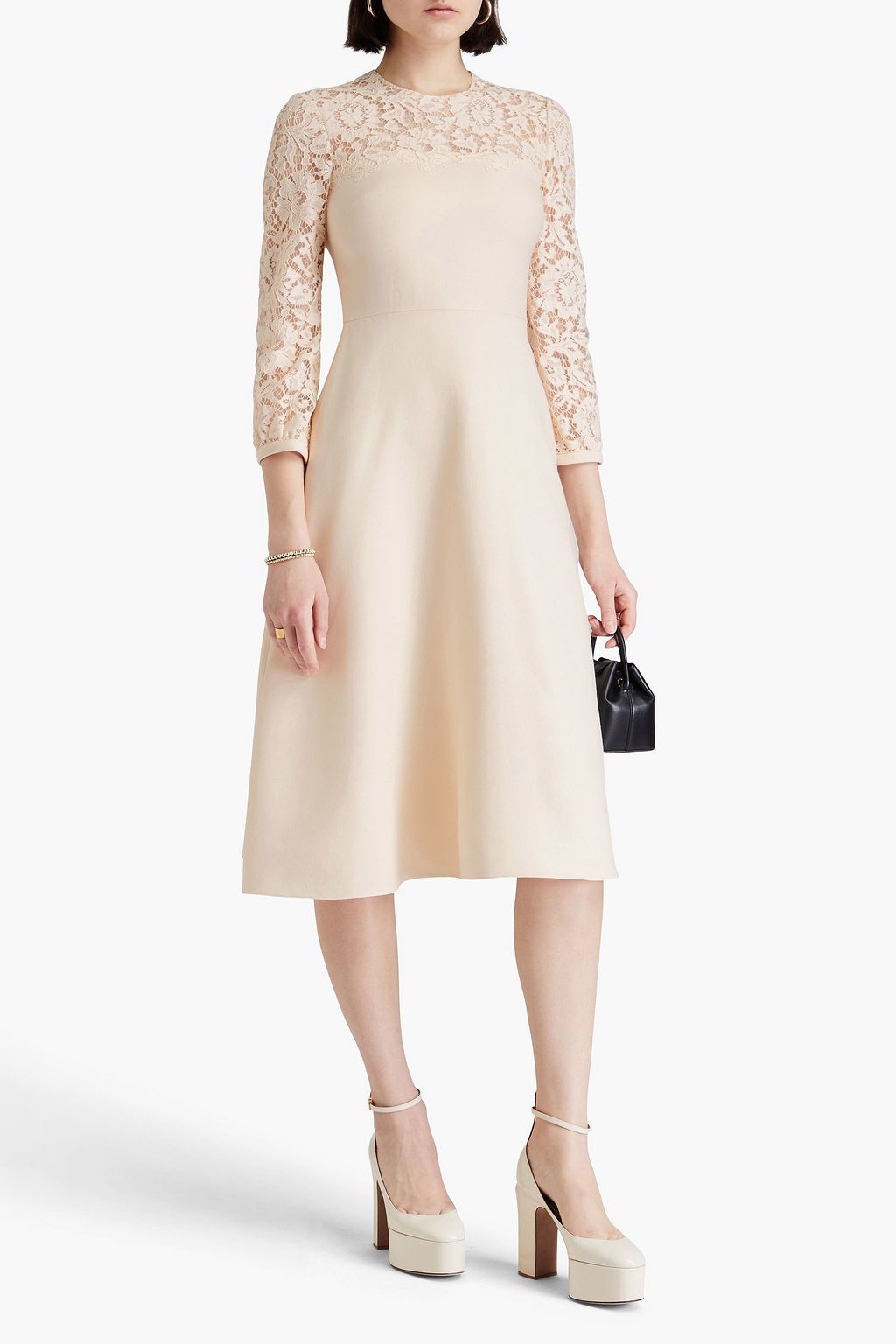 VALENTINO GARAVANI Lace-paneled wool and silk-blend crepe midi dress