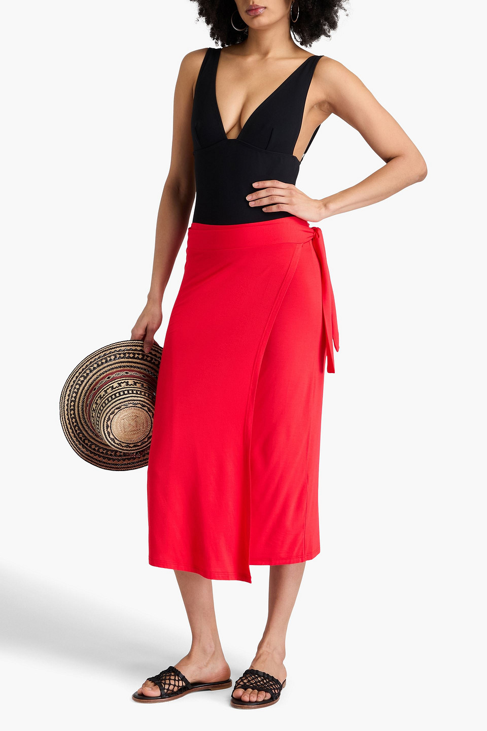 MELISSA ODABASH IDA ASYMMETRIC JERSEY MIDI WRAP SKIRT