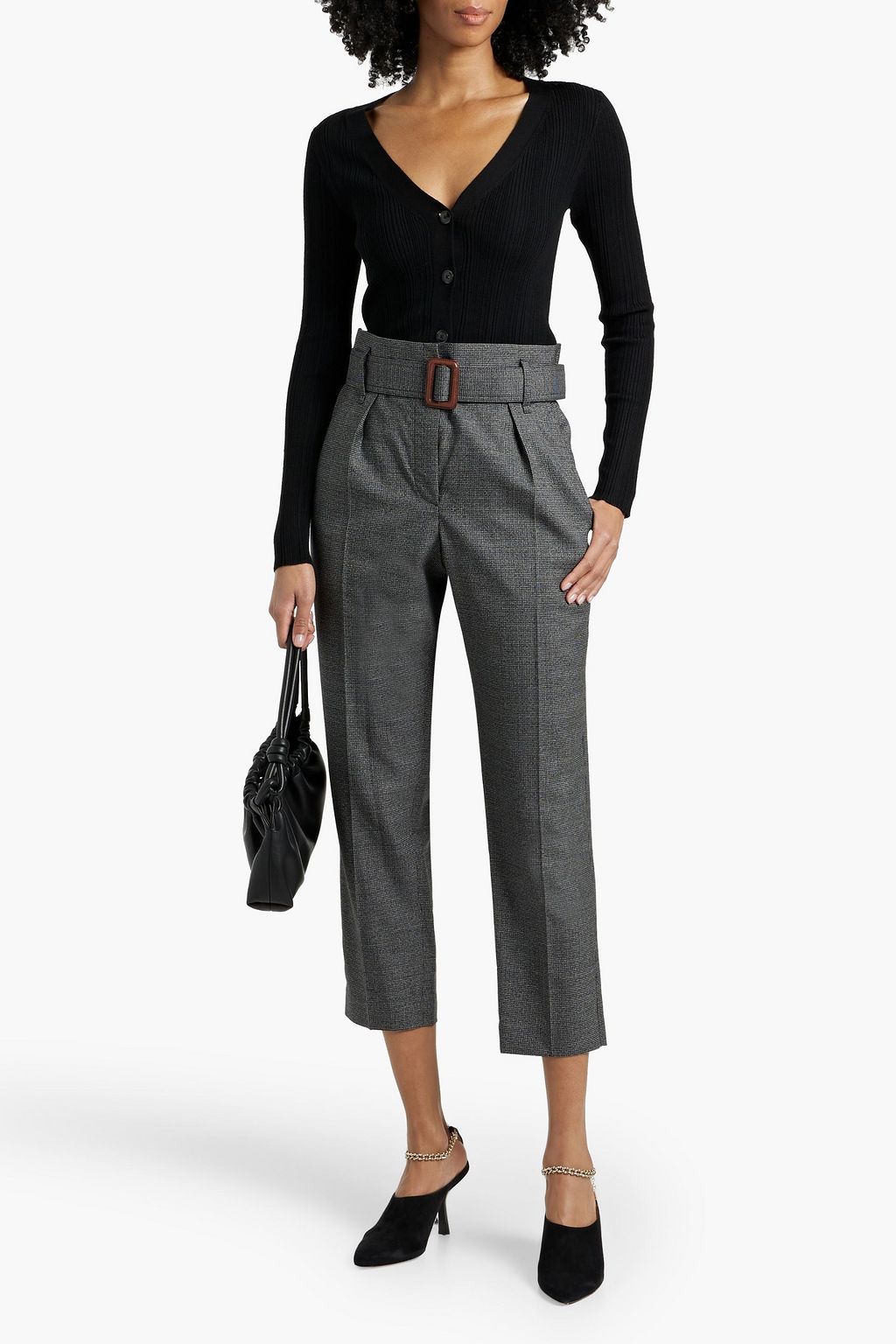 BRUNELLO CUCINELLI Cropped belted houndstooth wool tapered pants