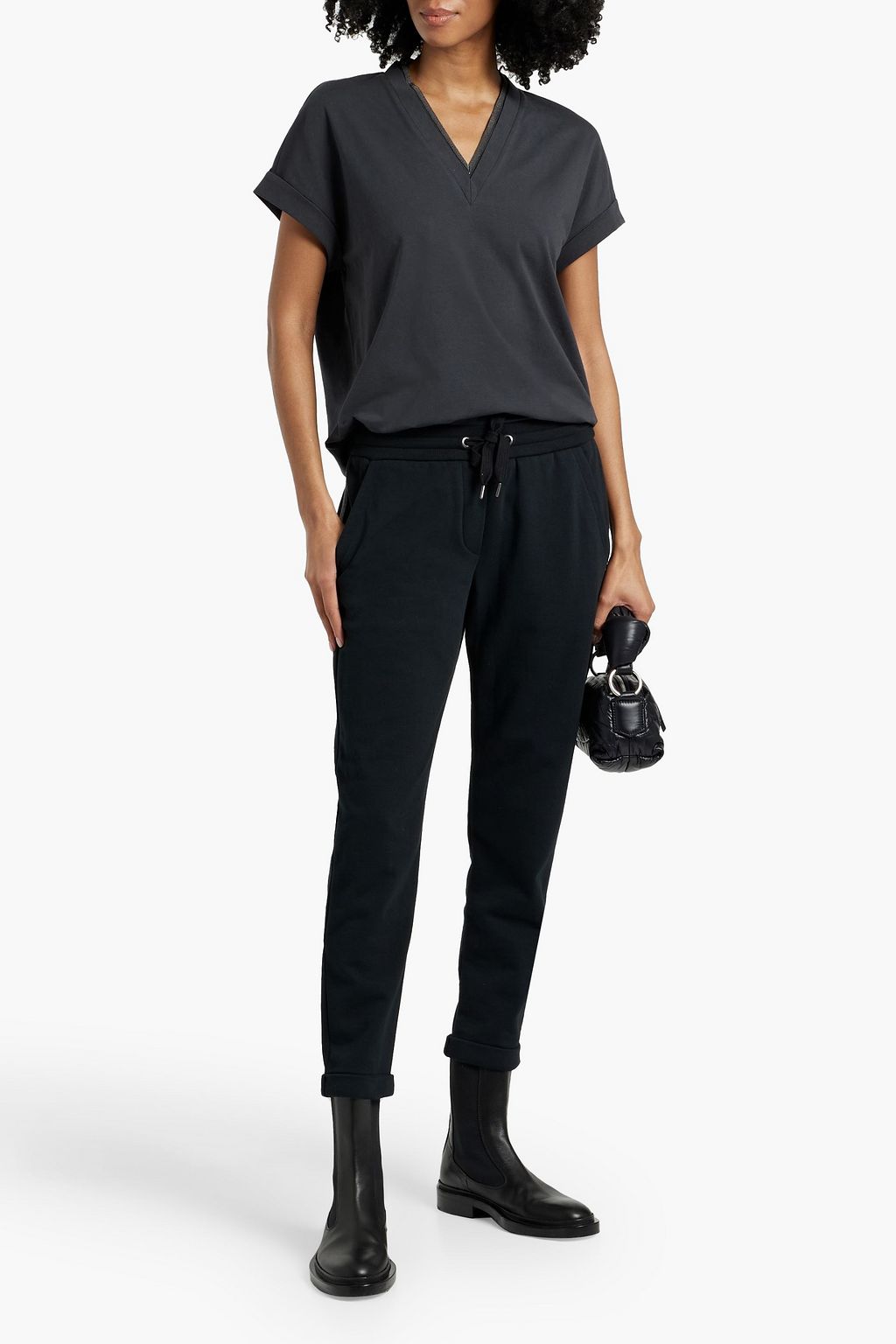 BRUNELLO CUCINELLI Bead-embellished stretch-cotton jersey T-shirt