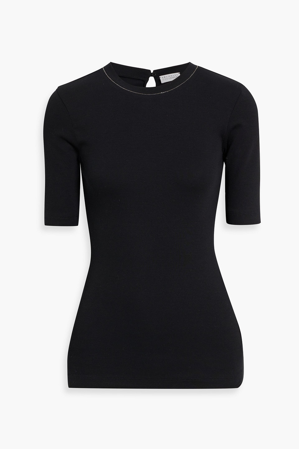 Brunello Cucinelli Ribbed Texture Keyhole Back Short Sleeves Top In Black