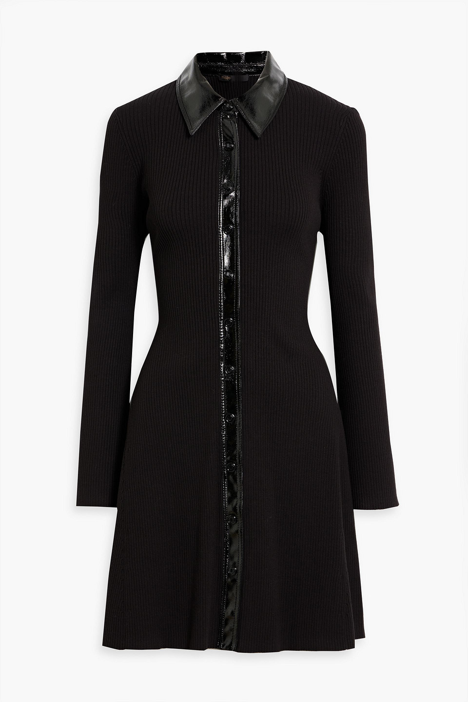 Maje Ribbed-knit Mini Shirt Dress In Black