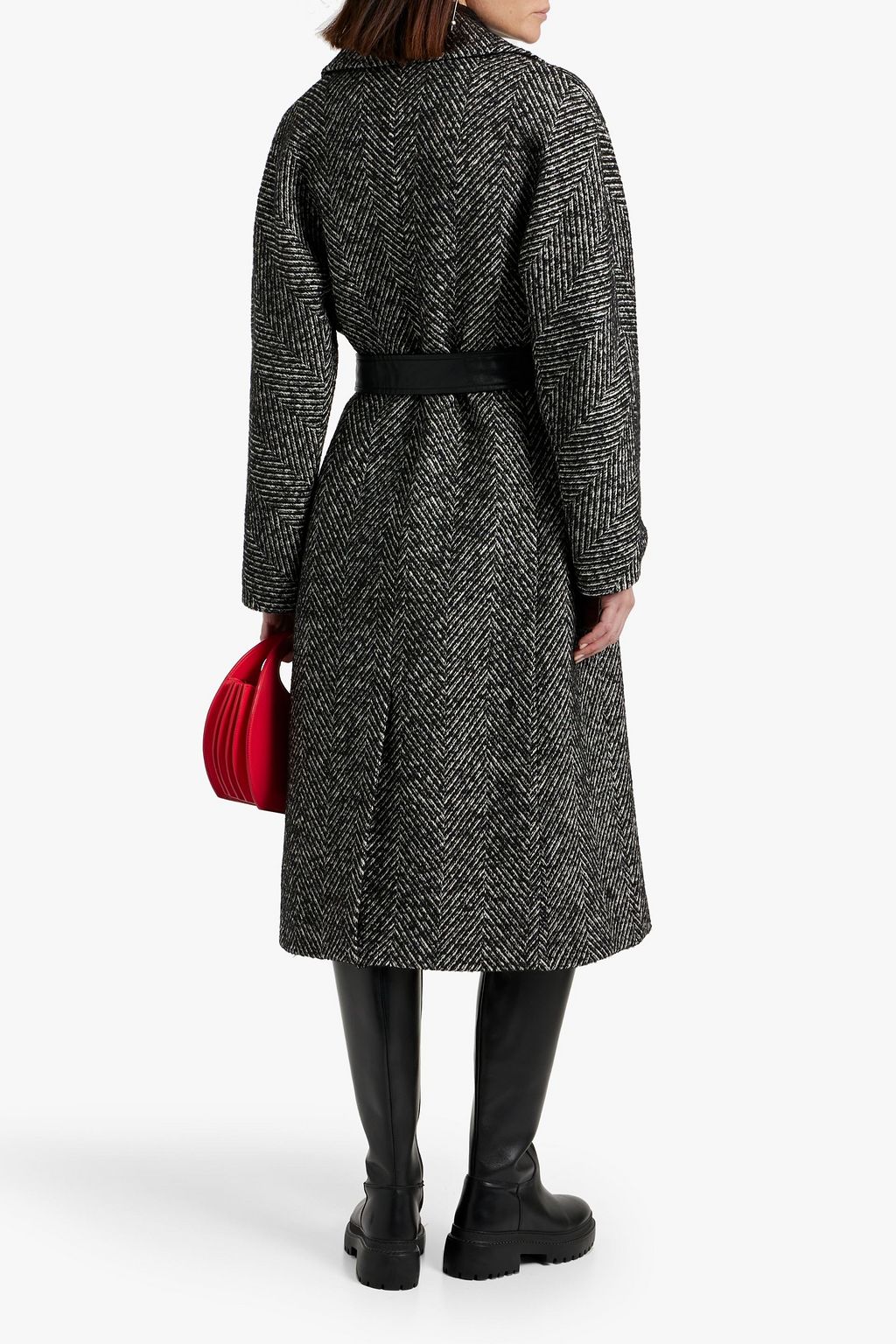 MAJE Belted herringbone tweed coat