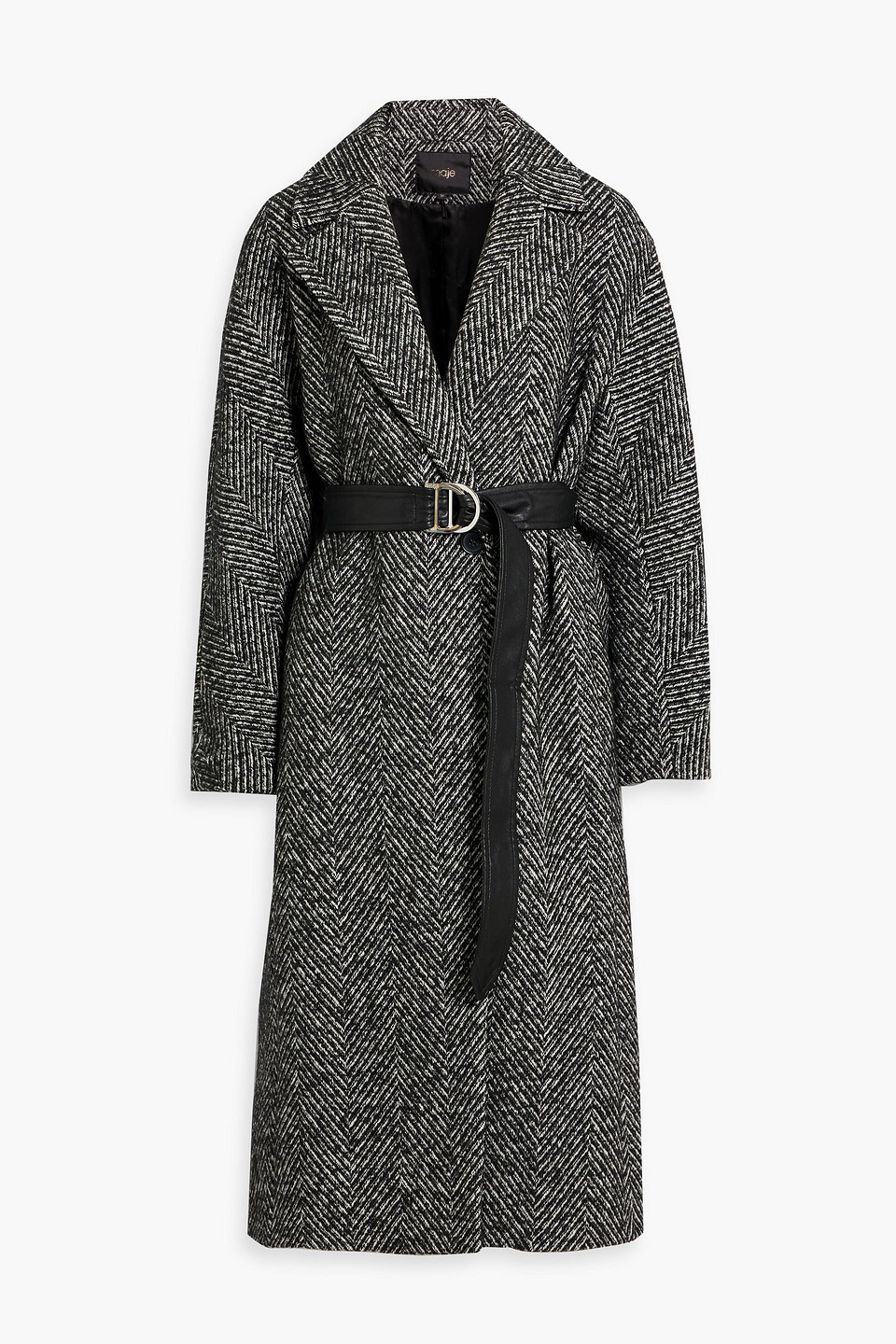 Maje Belted Herringbone Tweed Coat In Black