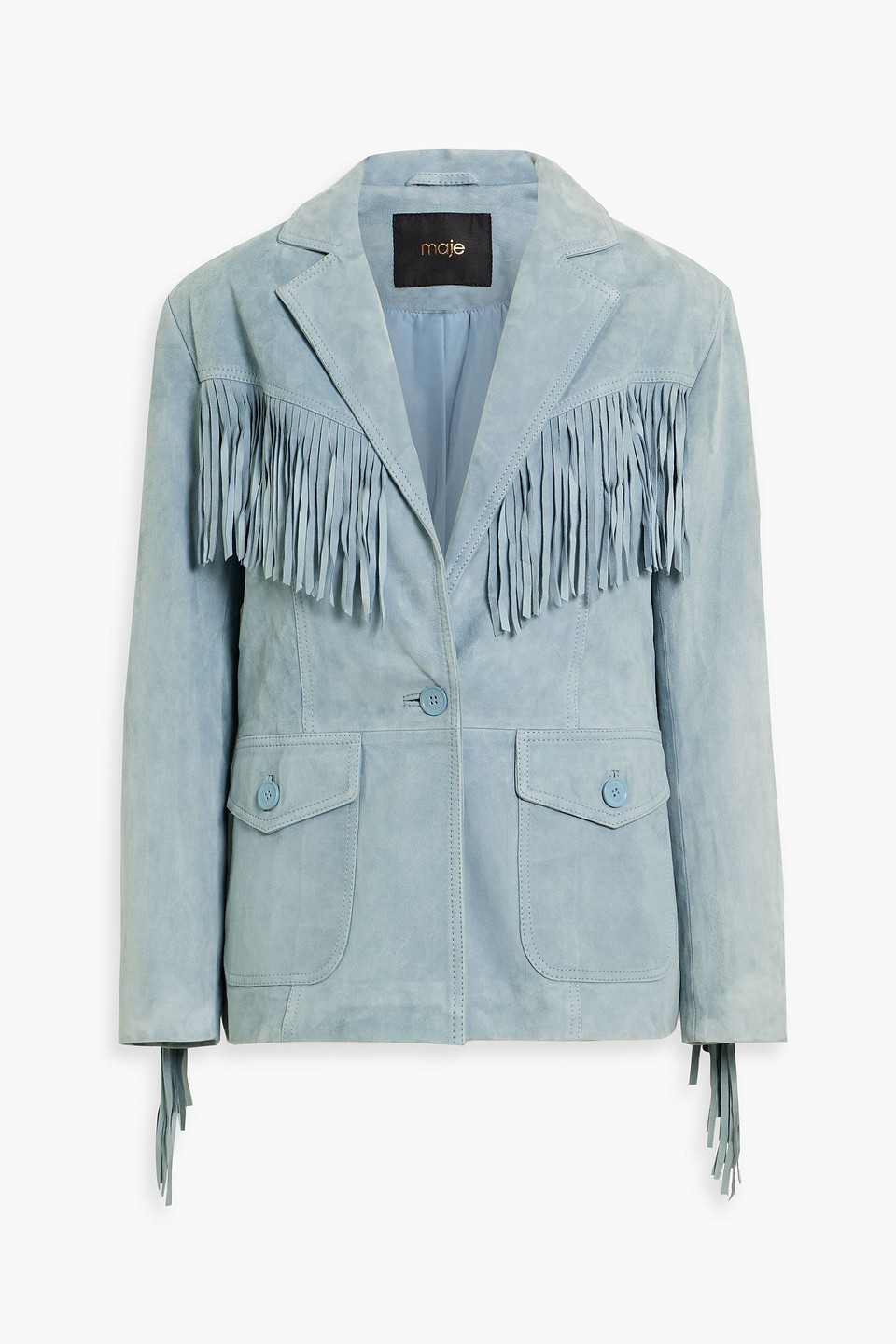 Maje Fringed Suede Jacket In Blue
