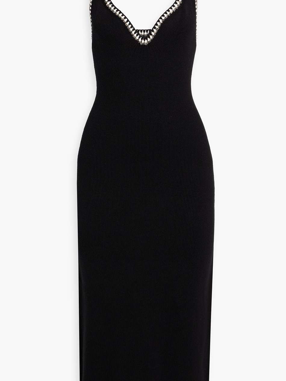 crochet-trimmed ribbed-knit midi dress
