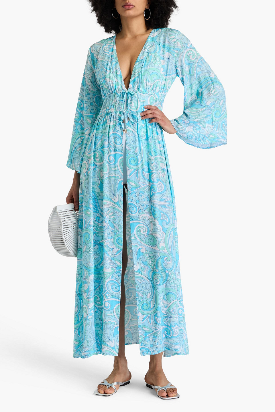 Melissa Odabash Farrah Gathered Printed Woven Kimono In Turquoise