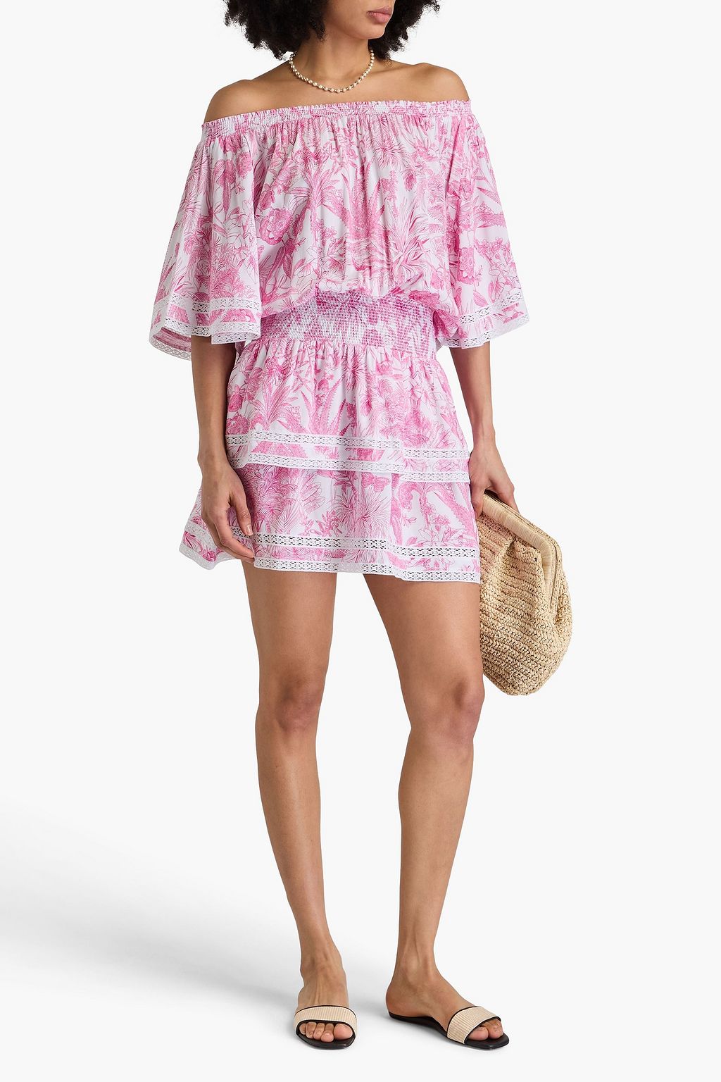 MELISSA ODABASH ボイル カバーアップ オフショルダー ティアード プリント入り