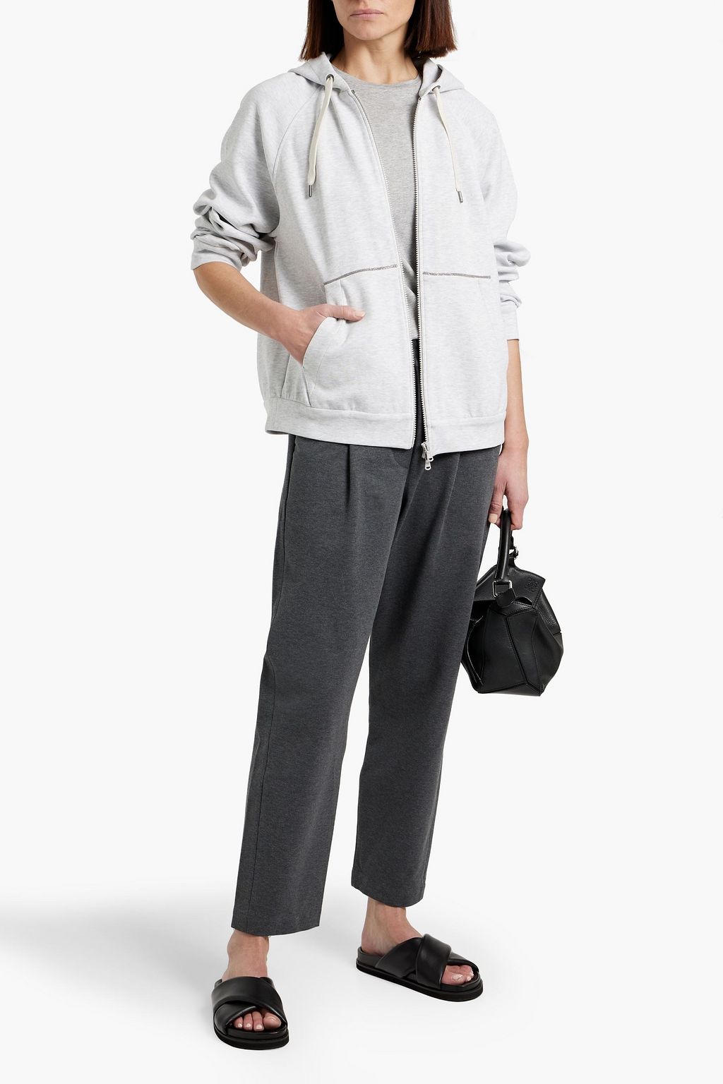 BRUNELLO CUCINELLI Bead-embellished cotton-blend jersey zip-up hoodie