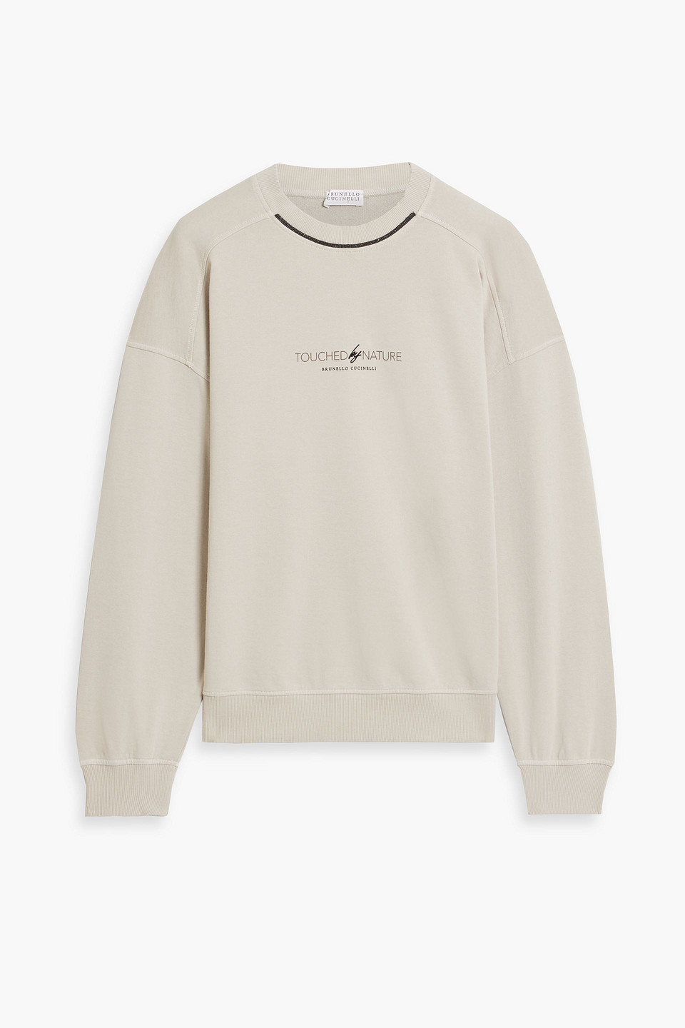 Brunello Cucinelli Bead-embellished Printed French Cotton-terry Sweatshirt In Beige