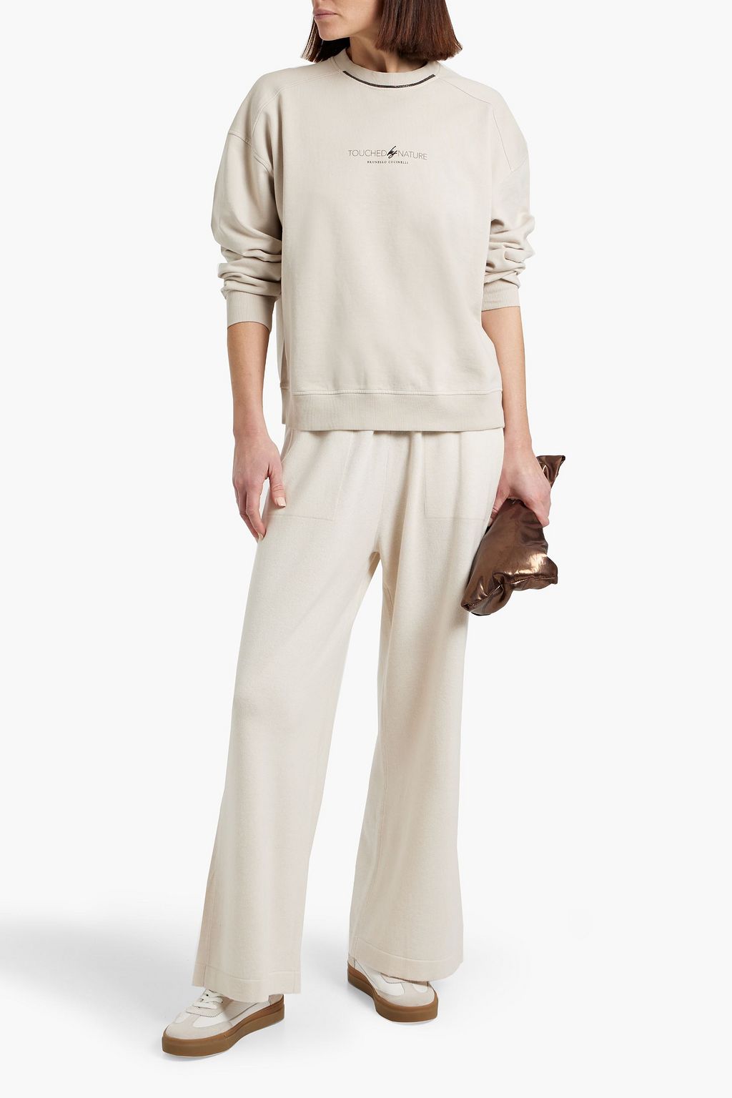BRUNELLO CUCINELLI Bead-embellished printed French cotton-terry sweatshirt