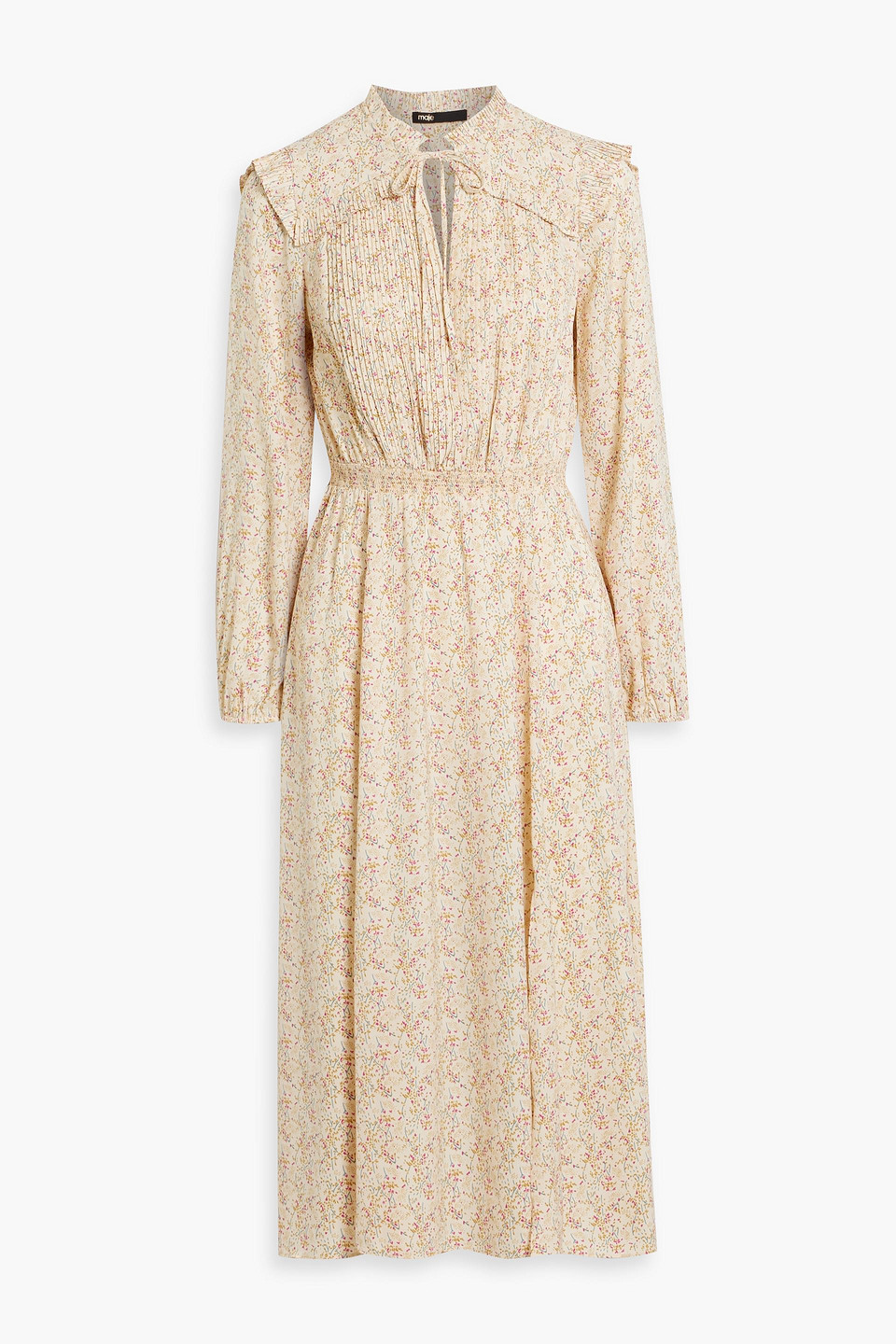 Shop Maje Pintucked Floral-print Crepe Midi Dress In Ecru