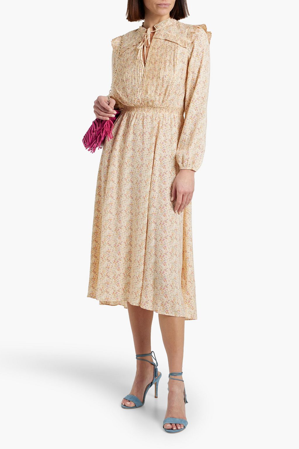 MAJE Pintucked floral-print crepe midi dress
