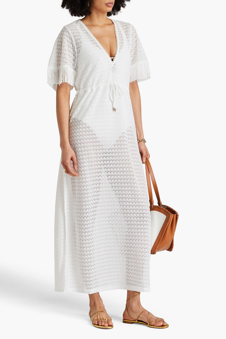 Melissa Odabash Phoebe Fringed Crocheted Lace Coverup In Weiss