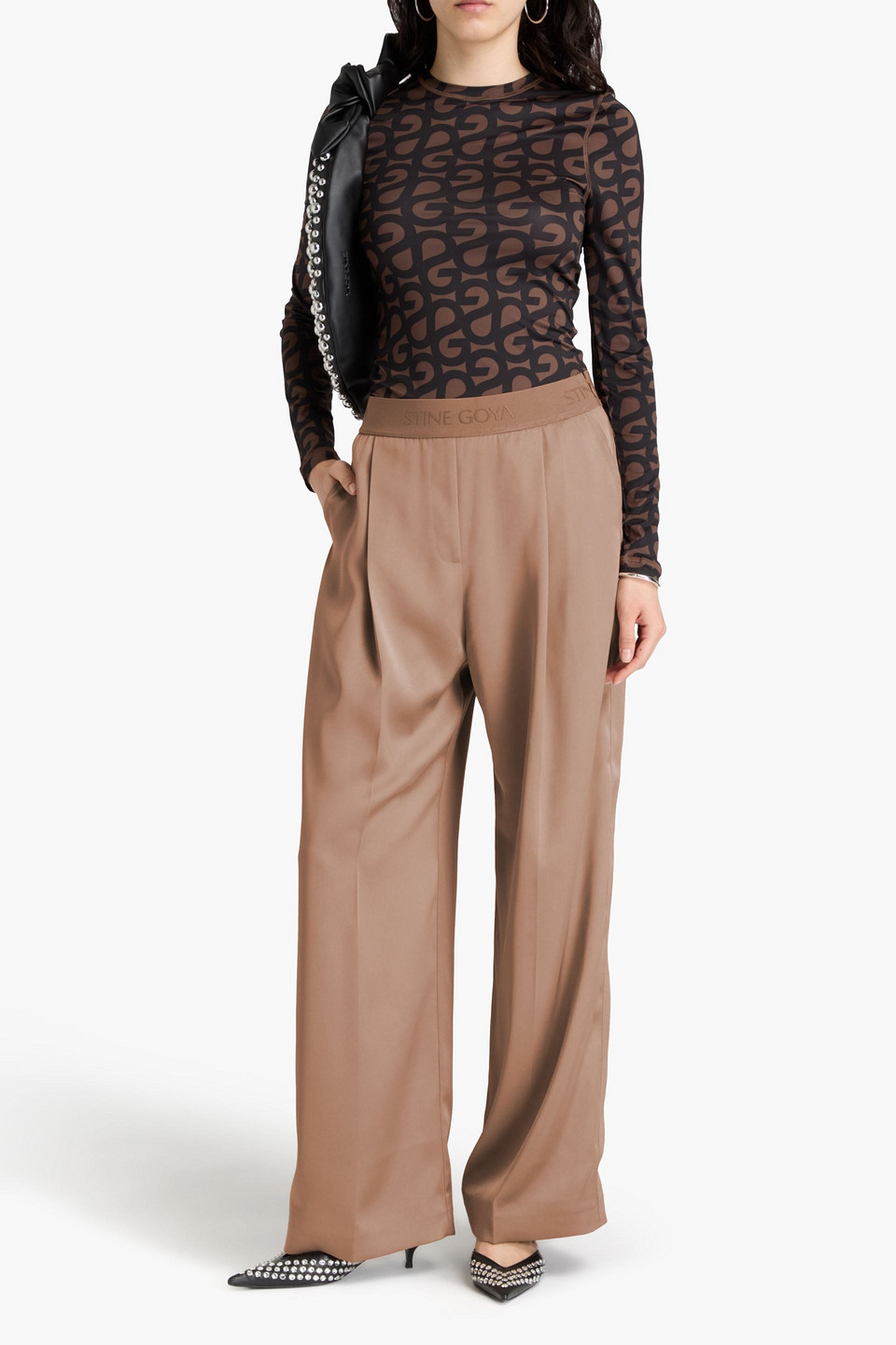 Shop Stine Goya Ciara Pleated Satin-twill Wide-leg Pants In Taupe